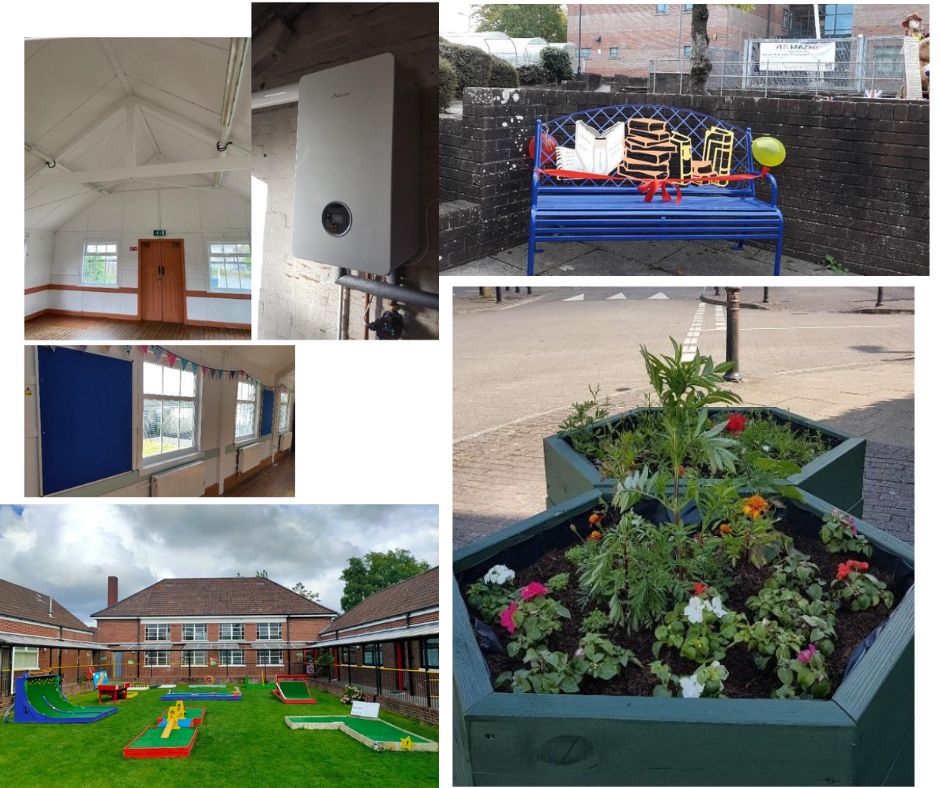 new boiler in a community space, new bench, new planters, community crazy golf